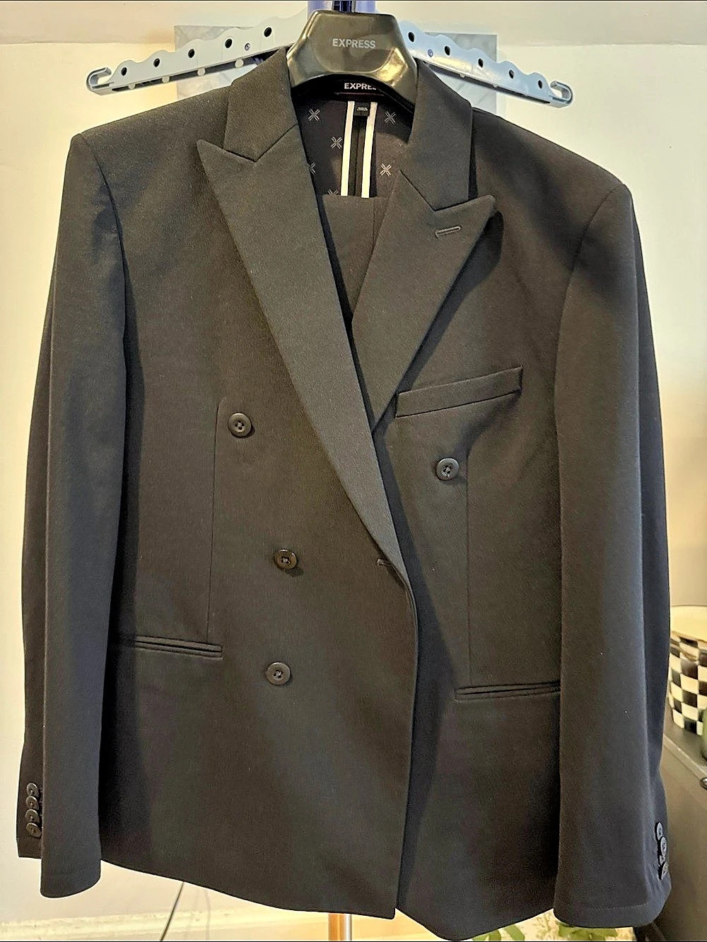 Express Double Breasted Performance Stretch Slim Black Suit